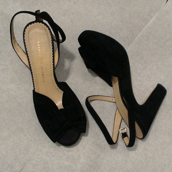 Charlotte Olympia Black Peep Toe Sandal Heels with Bows | Suede EU39 | US 8 - Picture 13 of 15